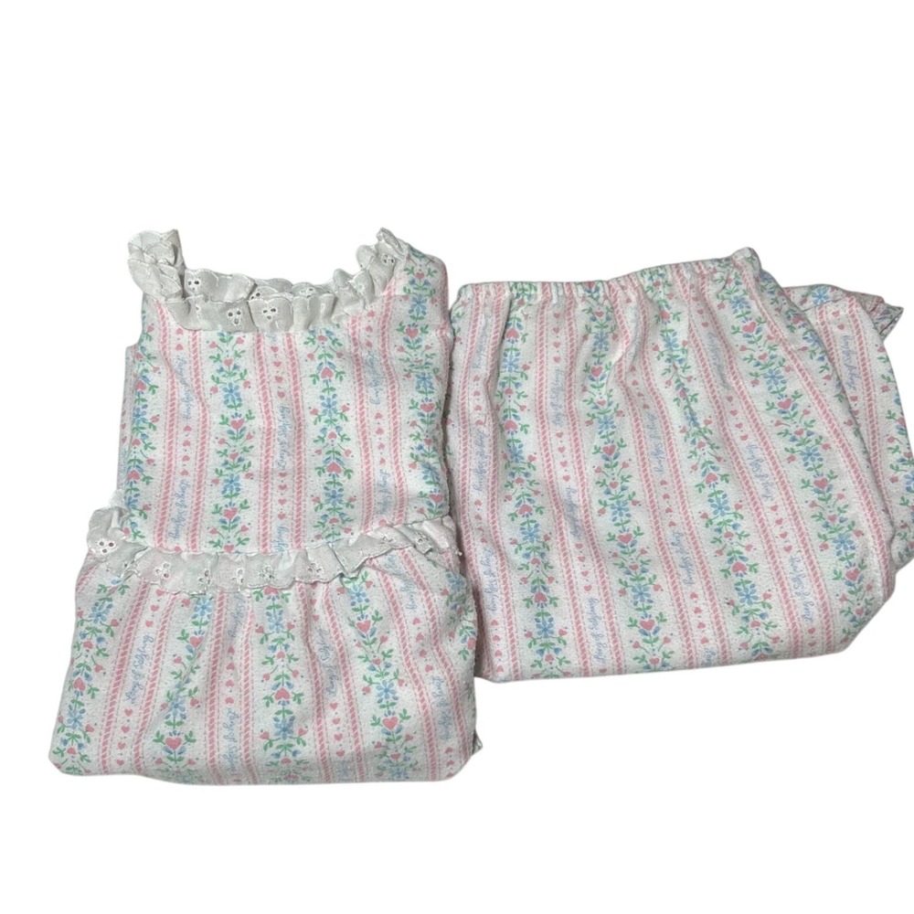 Vintage Lanz of Salzburg Girls Pajama Set Size 14 Floral Stripe Ruffle Pink Blue